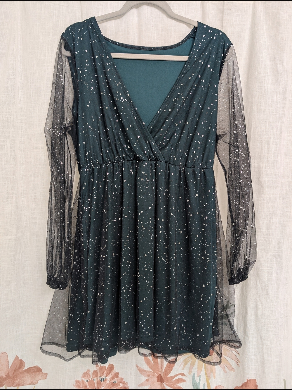Dark Green Black Mesh Overlay Sparkle Dress XL